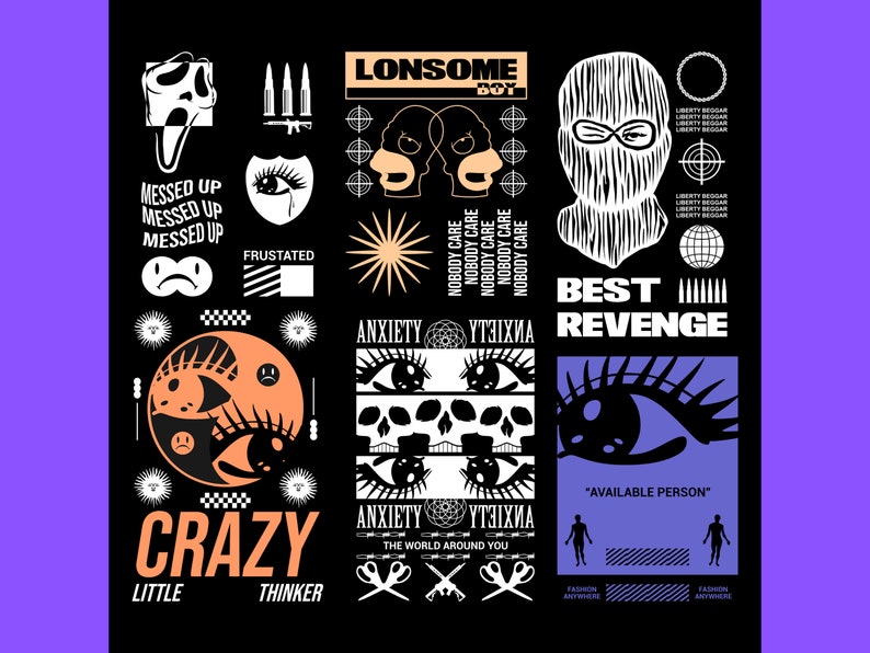 May include: A black and white graphic design with the words "Crazy Little Thinker", "Lonesome Boy", "Best Revenge", "Anxiety", "Ytaixma", "The World Around You", "Available Person", and "Messed Up" in a bold, sans-serif font. The design also includes various graphic elements, such as eyes, skulls, and a sun.