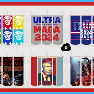 Puede incluir: Conjunto de tres vasos de acero inoxidable con varios diseños que presentan a Donald Trump. Los diseños incluyen un retrato de estilo pop art, un diseño de bandera estadounidense roja, blanca y azul con el texto "TRUMP 2024" y un diseño con el texto "ULTRA MAGA 2024".