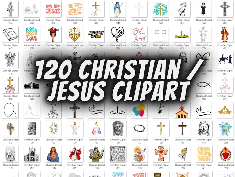 Pu&ograve; includere: Una collezione di 120 immagini clipart cristiane e di Ges&ugrave;. Le immagini sono in bianco e nero e a colori, e includono vari simboli, come croci, colombe, pesci e cuori. Il testo "120 CHRISTIAN/JESUS CLIPART" &egrave; in grassetto, in lettere nere.