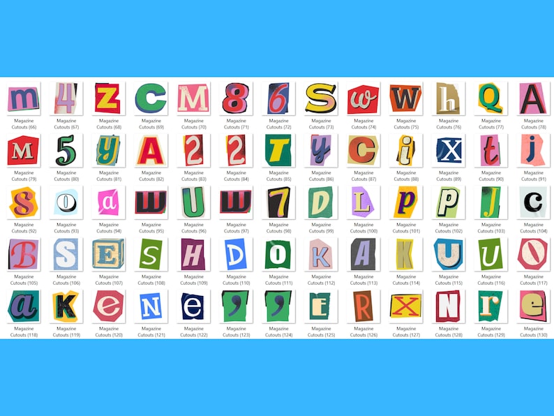 May include: A collection of colourful magazine cutouts of letters from A to Z. The letters are arranged in rows and columns, with each letter having a different background colour and font style.