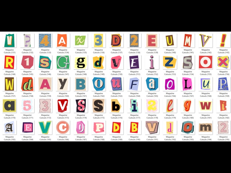 May include: A collection of colourful magazine cutouts of letters of the alphabet. The letters are arranged in rows and columns, with each letter in a different colour and style. The letters are cut out from different magazines, and the edges of the cutouts are uneven.