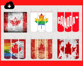 May include: Nine different designs of Canadian flag themed banners. The designs include a traditional Canadian flag, a rainbow flag, a brick pattern, a distressed flag, and a white flag with a maple leaf and the text "Love is Love".
