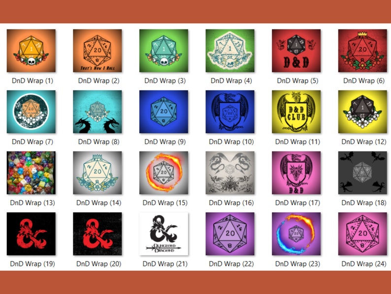Peut inclure: Vingt-quatre designs diff&eacute;rents pour des enveloppes de d&eacute;s Dungeons and Dragons. Les designs pr&eacute;sentent une vari&eacute;t&eacute; de th&egrave;mes, notamment des dragons, des cr&acirc;nes et le logo Dungeons and Dragons.