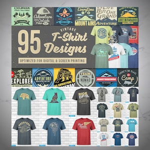 May include: A collection of 95 vintage t-shirt designs featuring outdoor adventure themes. The designs are optimised for digital and screen printing. The designs feature a variety of colours and styles, including mountain ranges, campfires, and wildlife.