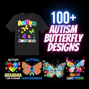 100 designs de camisetas com borboletas para autismo - Design de camisa azul para conscientização do autismo - PNGs com fundos transparentes - Pacote de impressão sob demanda