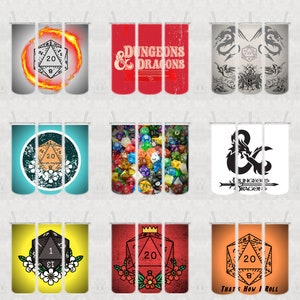 Peut inclure: Ensemble de neuf designs diff&eacute;rents pour gobelets de 591 ml sur le th&egrave;me de Donjons et Dragons. Les designs comprennent des d&eacute;s, des dragons et le logo Donjons et Dragons.