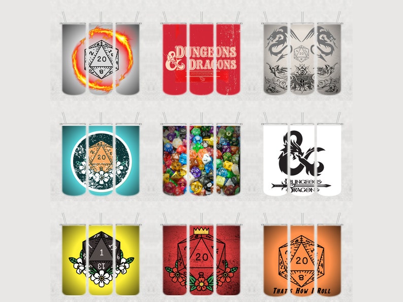 Peut inclure: Ensemble de neuf designs diff&eacute;rents pour gobelets de 591 ml sur le th&egrave;me de Donjons et Dragons. Les designs comprennent des d&eacute;s, des dragons et le logo Donjons et Dragons.