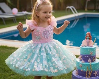 Sequin Mermaid Dress: Starfish, Seashell, Tulle Tutu, Custom Handmade Baby Gown