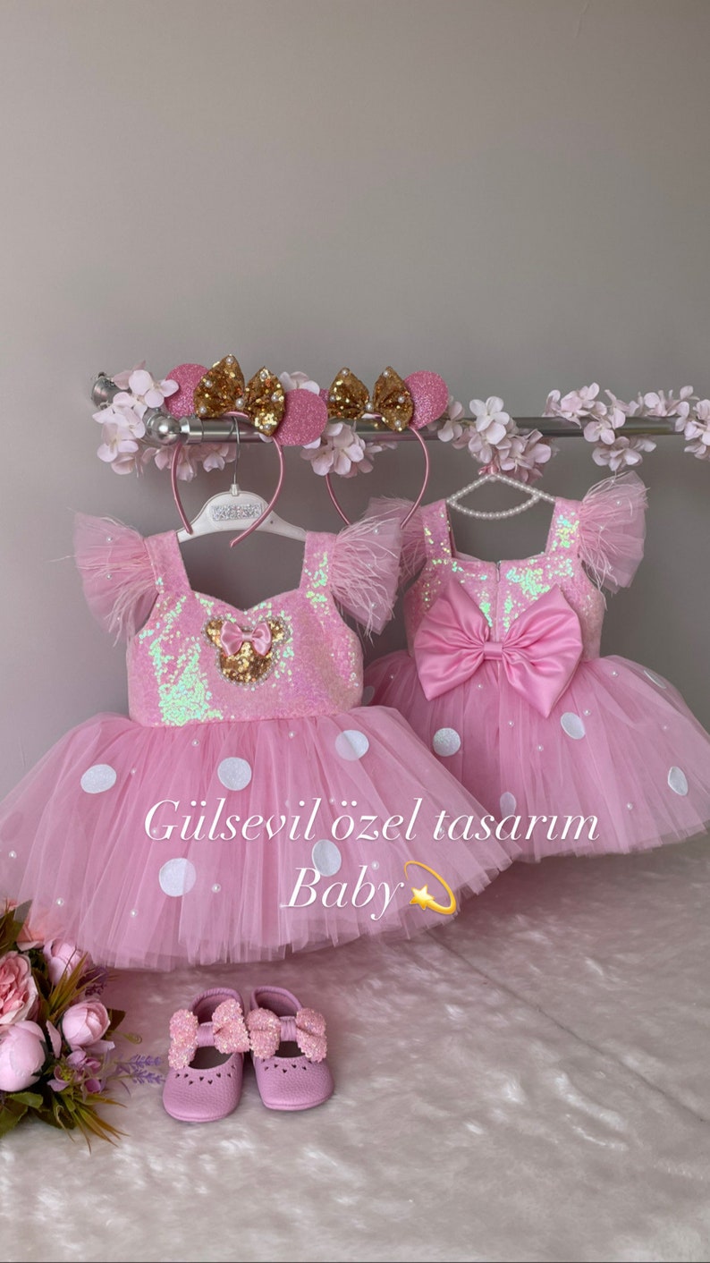 Rosa und goldenes Minnie-Maus-Kostüm, rosa Kleid, rosa Minnie-Maus-Kleid, Minnie-Maus-Kostüm, Kostüm zum 1. Geburtstag, Fotoshooting-Kostüm Bild 2