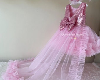 Vestito rosa, scarpe rosa, vestito della bambina Occasione speciale, vestito del primo compleanno, vestito della festa della bambina, vestito del bambino, vestito della coda, mocassino rosa