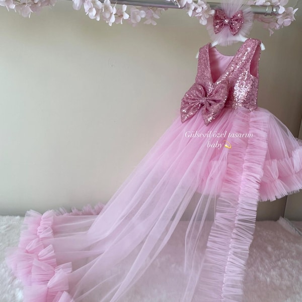 Pink dress ,pink Shoes ,Baby Girl Dress Special Occasion, First Birthday Dress, Baby Girl Party Dress,baby dress,tail dress,pink moccasin