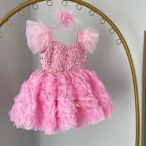 ピンクローズ ベビードレス、女の子の赤ちゃんのドレス 特別な機会、最初の誕生日ドレス、女の子の赤ちゃんのパーティードレス、ピンクローズ キッズドレス、ローズ柄ドレス