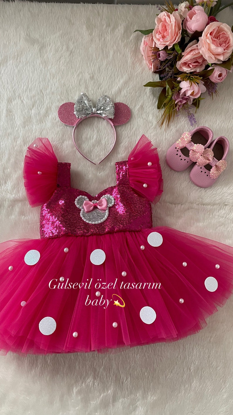 Pink and gold Minnie Mouse costume, Pink Dress,Pink Minnie Mouse dress,Minnie Mouse costume,1stbirthday costume,Photoshoot Costume image 8