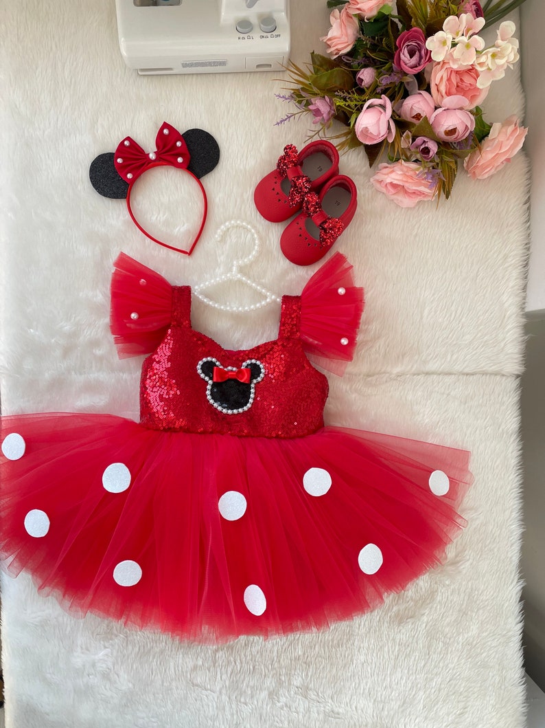 Costume rosa e oro Minnie Mouse, abito rosa, abito rosa Minnie Mouse, costume Minnie Mouse, costume del primo compleanno, costume servizio fotografico immagine 6