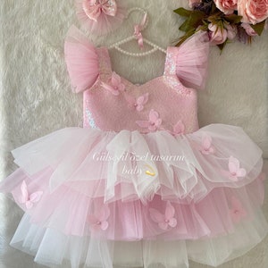 Pink dress, butterfly detailed dress ,Baby Girl Dress Special Occasion, First Birthday Dress, Baby Girl Party Dress, pink butterfly dress