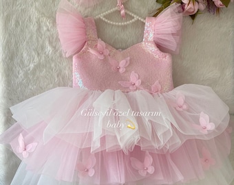 Robe rose, robe détaillée papillon, robe bébé fille occasion spéciale, robe de premier anniversaire, robe de fête bébé fille, robe papillon rose