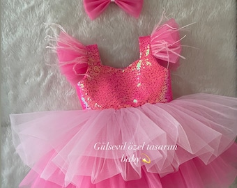 Rosa Baby Tutu Kleid, rosa und pink Babykleid, Silber Schleifen Kinderkleid, Baby Mädchen Kleid für besonderen Anlass, Fotoshooting, Babyschuhe