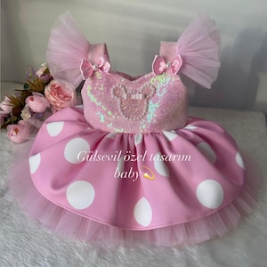 Roze en witte Minnie Mouse-jurk, Minnie Mouse-kostuum/witte Minnie Mouse, roze Minnie Mouse-kostuum, verjaardagskostuum