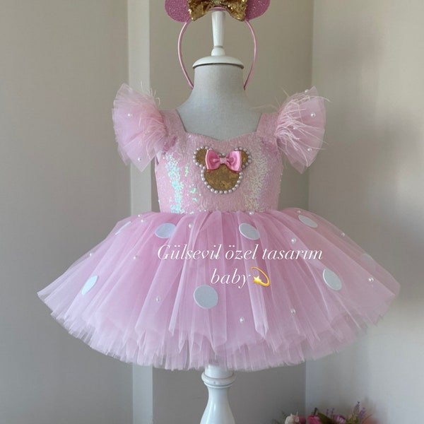 Pink and gold Minnie Mouse costume, Pink Dress,Pink Minnie Mouse dress,Minnie Mouse costume,1stbirthday costume,Photoshoot Costume