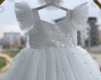 Sequin Pearl Baby Girl Dress: Handmade Tulle Christening Gown