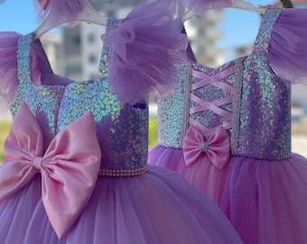Handmade Rapunzel Tulle Dress: Silver Trim Birthday Costume