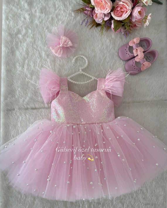 gulsevilbabydesign Pink Dress Pink dress pearl Baby dress pearl dress Baby Girl Dress Special Occasion First Birthday Dress Baby Girl Party Dress pearl Pink