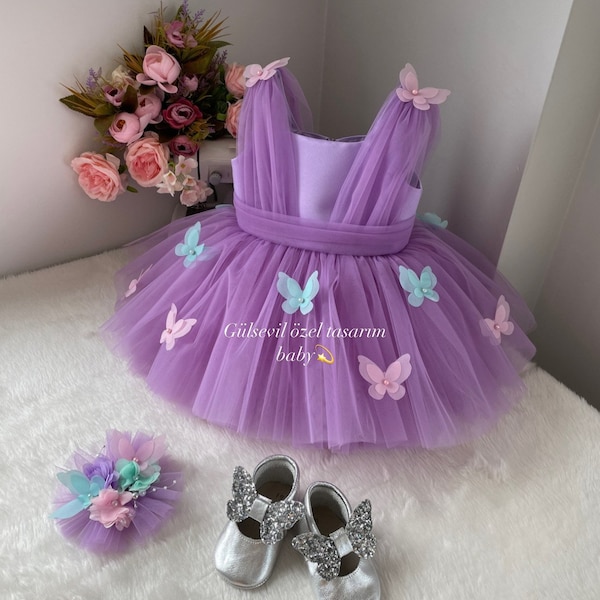 Purple dress, butterfly detailed dress ,Baby Girl Dress Special Occasion, First Birthday Dress, Baby Girl Party Dress, butterfly dress