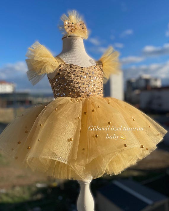 gold tulle dress Embroidered Flutter Sleeve Gown 4 / GOLD