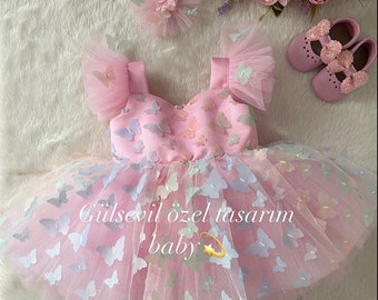 Pink dress, butterfly detailed dress ,Baby Girl Dress Special Occasion, First Birthday Dress, Baby Girl Party Dress, pink butterfly dress