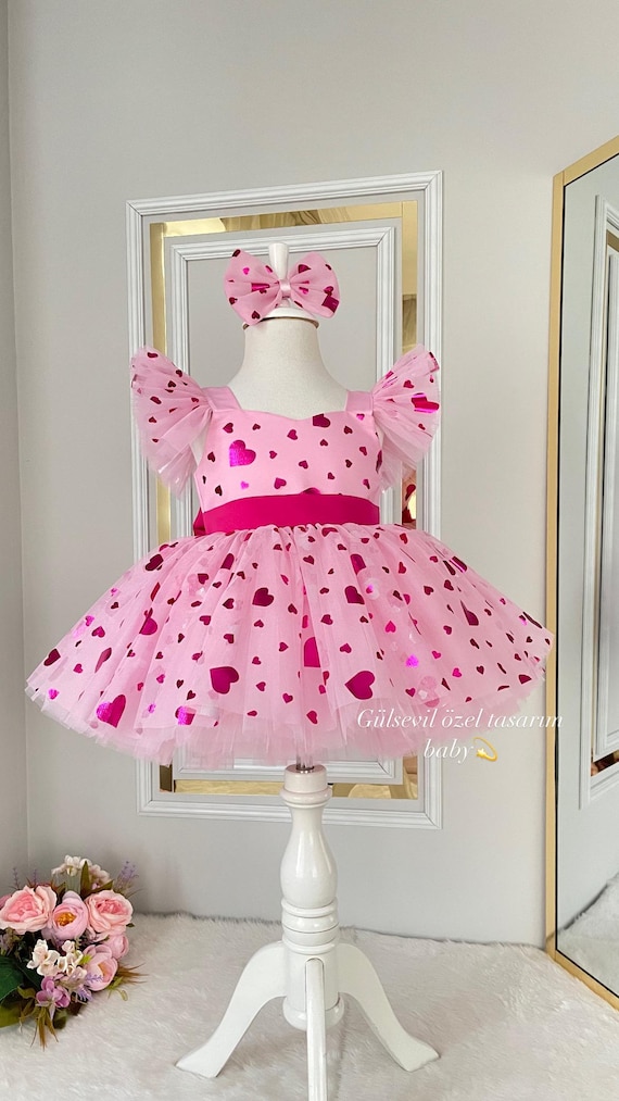 pink tulle heart dress Handmade Pink Heart Baby Dress: Tulle Birthday Outfit