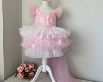 Robe rose, robe détaillée papillon, robe bébé fille occasion spéciale, robe de premier anniversaire, robe de fête bébé fille, robe papillon rose