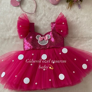 Rosa und goldenes Minnie-Maus-Kostüm, rosa Kleid, rosa Minnie-Maus-Kleid, Minnie-Maus-Kostüm, Kostüm zum 1. Geburtstag, Fotoshooting-Kostüm Fuchsia