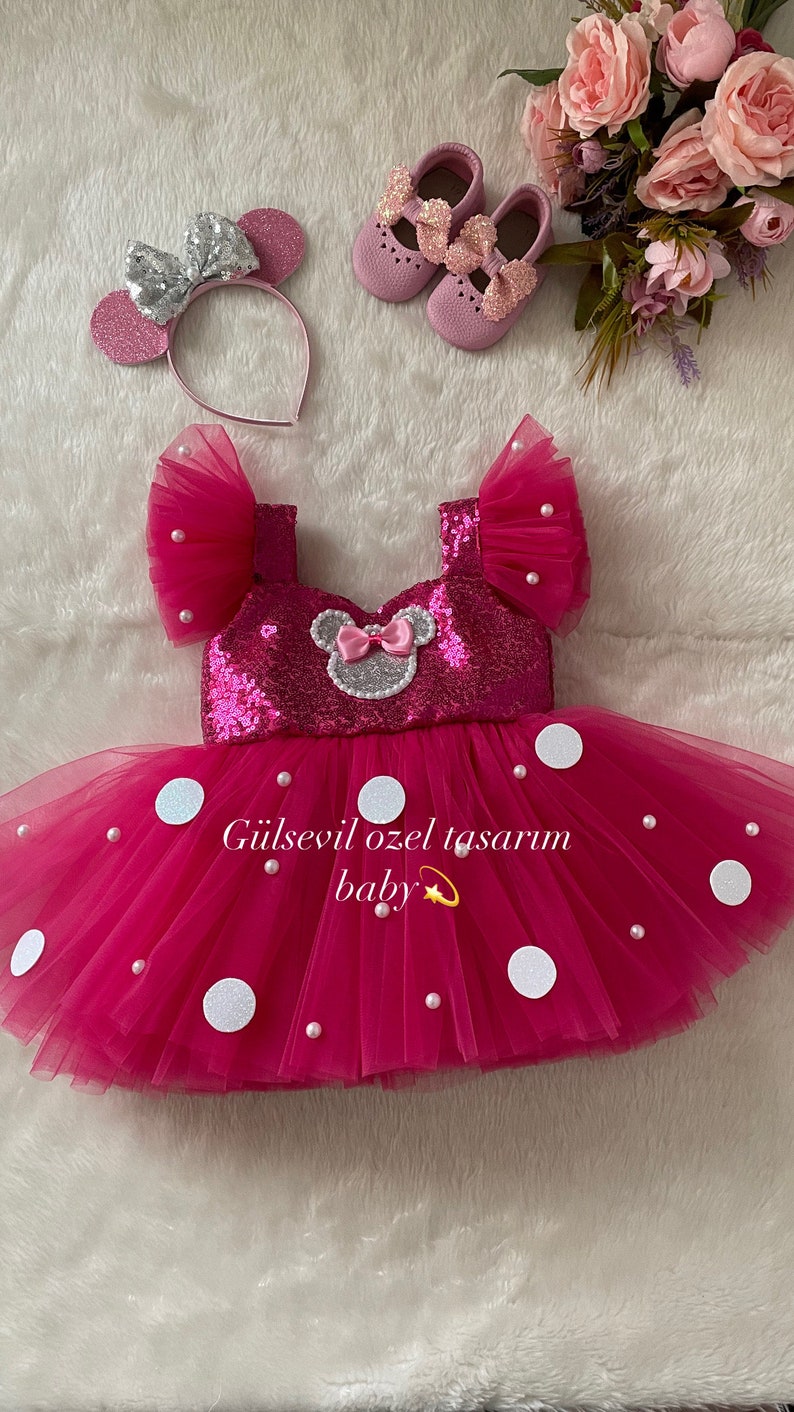 Rosa und goldenes Minnie-Maus-Kostüm, rosa Kleid, rosa Minnie-Maus-Kleid, Minnie-Maus-Kostüm, Kostüm zum 1. Geburtstag, Fotoshooting-Kostüm Fuchsia