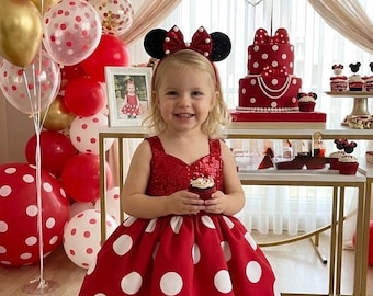 Vestido rojo de Minnie Mouse hecho a mano: Disfraz para sesión de fotos de cumpleaños