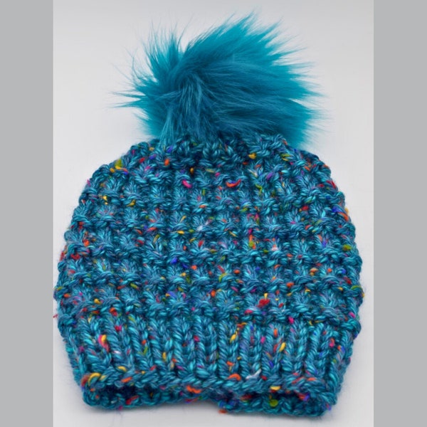 Teal Twead Beanie - Winter Hat with Teal Pom