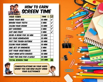 Printable How To Earn Screen Time, Kids Checklist | Daily Routine | To-Do-List | | Children's Task List | Parenting Tips | Activity List