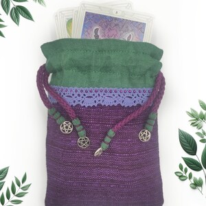 Natural Linen Bag With Pentagrams For Oracle Tarot Cards / Handmade Violet Linen Pouch for Crystals, Runes & Magical Tools / Drawstring Bag