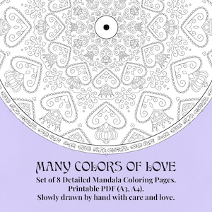 Può includere: Dettagliato design mandala in bianco e nero con motivi a cuore e corona, su sfondo lilla chiaro. Il testo "MANY COLORS OF LOVE" è visualizzato in basso, insieme ai dettagli sulle pagine da colorare PDF stampabili.