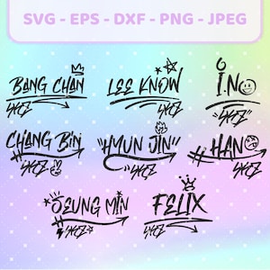 Stray Kids SKZ グラフィティ 名前 サイン ロゴ セット Kpop SVG | png、jpg、eps、dxf | Stray Kids ベクター、T シャツ、デカール用の cricut ファイル