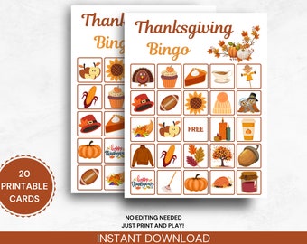 May include: Two printable Thanksgiving Bingo cards with colorful illustrations of fall-themed items like pumpkins, corn, and turkeys. The cards have the text "Thanksgiving Bingo" and "20 Printable Cards". The bottom reads "Instant Download".