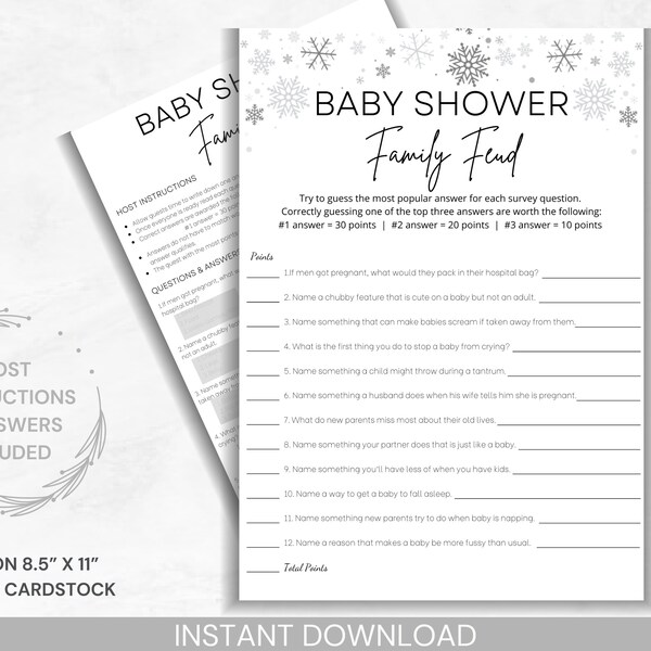 Winter Baby Shower Family Feud, Printable baby shower game, printable family feud with answers, instant download game, minimalist snowflake