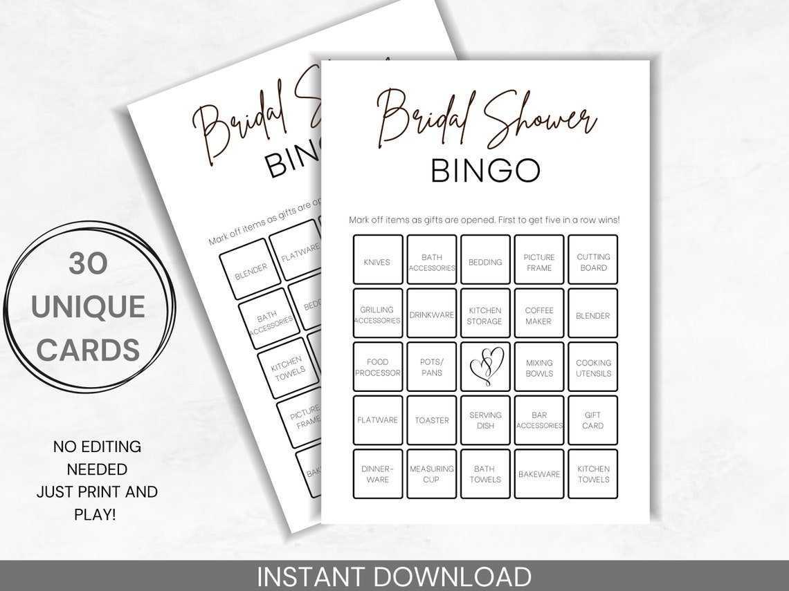 30 Bridal Shower Bingo Cards Minimalist Bridal Shower Game Etsy