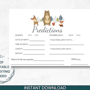 Tarjetas de predicciones de baby shower del bosque, predicciones de baby shower, baby shower de animales del bosque, predicciones de bebés imprimibles, consejos para bebés