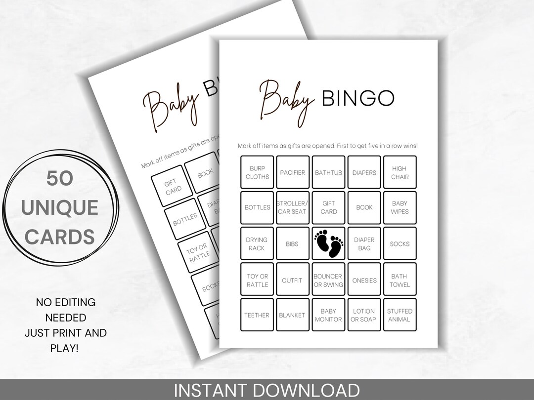 50 Baby Bingo Cards Minimalist Baby Shower Game Printable Etsy