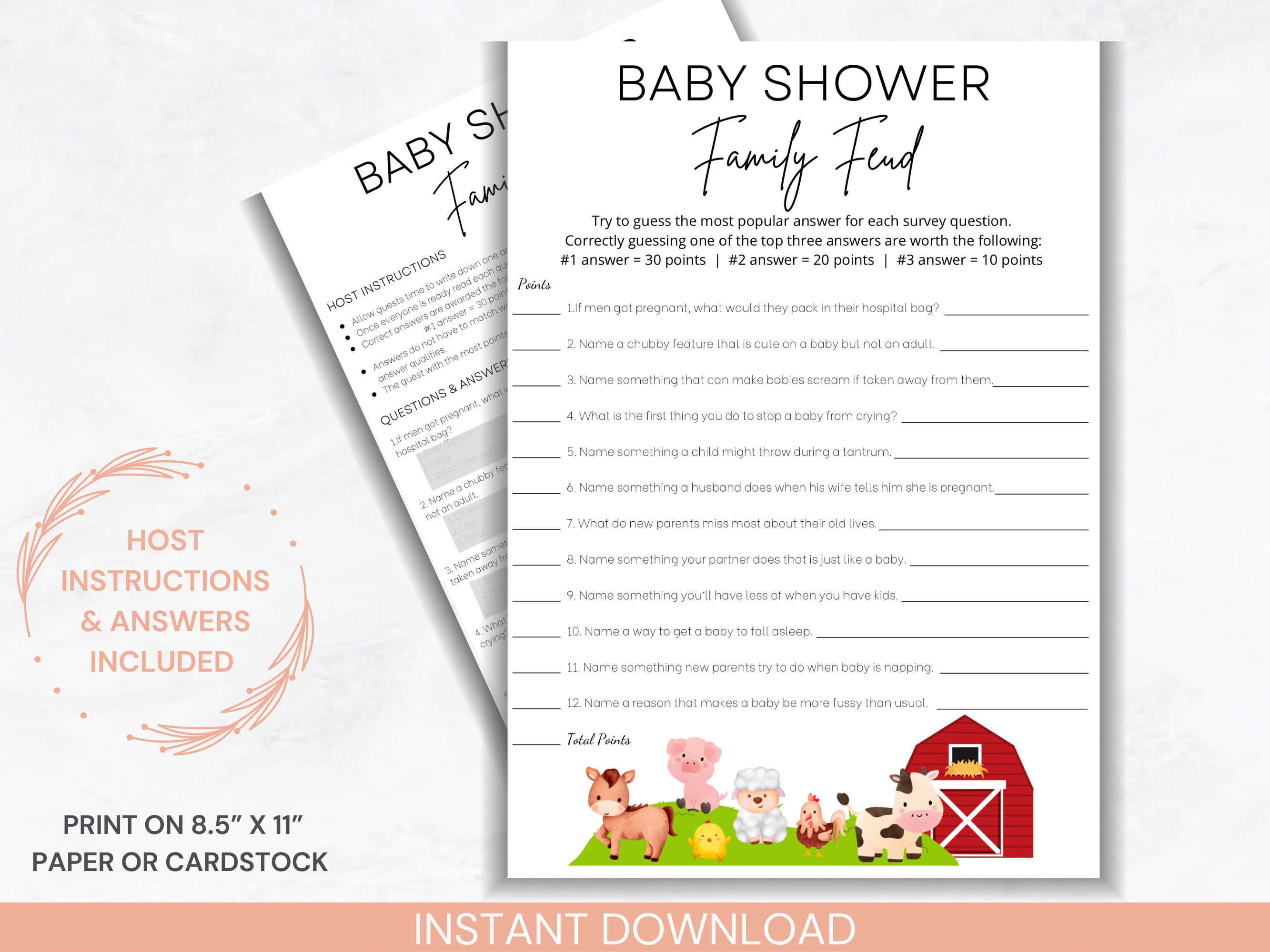 Farm Animal Baby Shower Family Feud, Printable baby shower game, printable family feud with answers, instant download game, modern baby