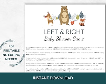Woodland Baby Shower Left Right Game, instant download baby shower game, left right printable game, woodland animal theme