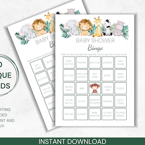 Baby Shower Bingo, Safari Baby Shower Spiel, druckbares Baby Shower Bingo, 30 einzigartige Baby Shower Bingo Karten, vorgefülltes Bingo, Geschenk Bingo