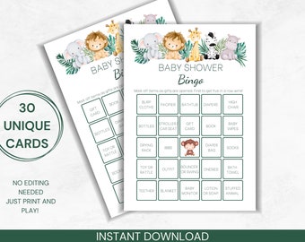 Baby Shower Bingo, Safari Baby Shower Game, Printable Baby Shower Bingo, 30 Unique Baby Shower Bingo Cards, Prefilled Bingo, Gift Bingo