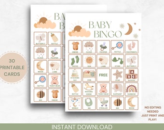 May include: A printable baby bingo card game with 30 cards. The card features a light brown background with a light green border. The card has a grid of 25 squares with images of baby items such as a rattle, a teddy bear, a bottle, a rocking horse, a bee, a onesie, a mobile, a bib, a stroller, a butterfly, a cloud, a pacifier, socks, a sun, a lamb, a stork, a crib, a star, blocks, an elephant, a rainbow, and a moon. The text "BABY BINGO" is at the top of the card.