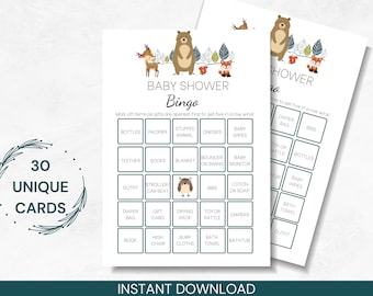 May include: Baby shower bingo cards with woodland animal illustrations. The cards feature a grid with baby-related items like bottles, pacifiers, and diapers. The text "30 UNIQUE CARDS" is displayed on the left side, and "INSTANT DOWNLOAD" at the bottom.